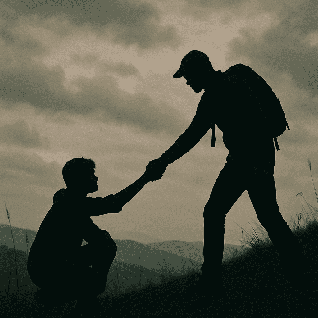 Silhouettes de deux personnes se tendant la main, l'une aidant l'autre à se relever, sur fond de paysage montagneux au coucher du soleil